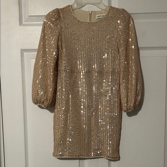 Grace Karin Champagne Sequin Dress with Puff Sleeves - Picture 2 of 11